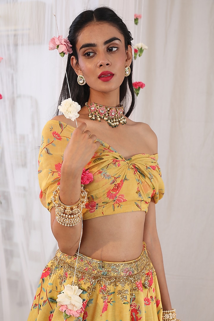 Mustard Printed Draped Blouse by Esha Koul at Pernia's Pop Up Shop