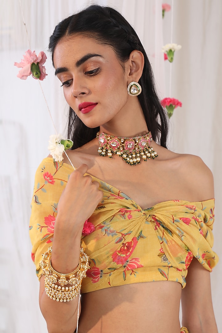 Mustard Printed Draped Blouse by Esha Koul at Pernia's Pop Up Shop