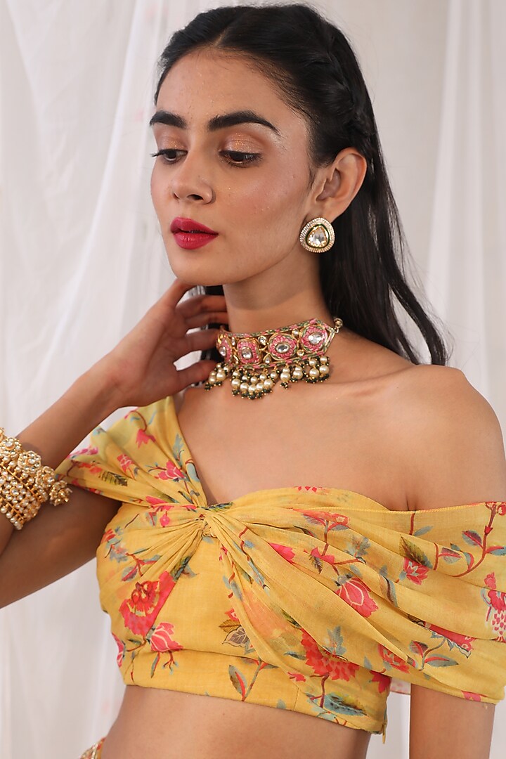 Mustard Printed Draped Blouse by Esha Koul at Pernia's Pop Up Shop