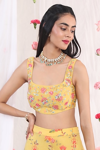 Mustard Chanderi Embroidered Blouse by Esha Koul