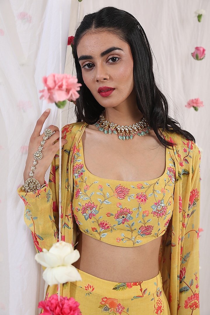 Mustard Chanderi Embroidered Blouse by Esha Koul at Pernia's Pop Up Shop