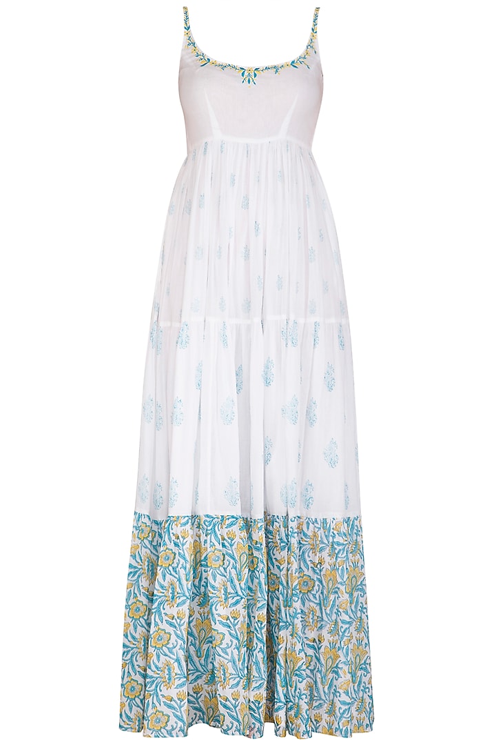 White Block Printed & Embroidered Maxi Dress by Esha Koul