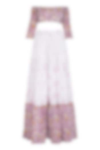 White Block Printed Off Shoulder Crop Top With Skirt by Esha Koul