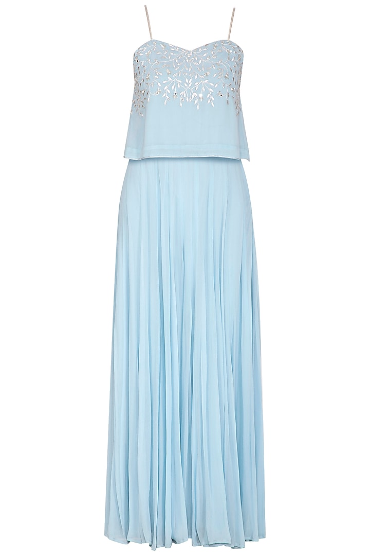 Sky Blue Embroidered Crop Top With Palazzo Pants by Esha Koul