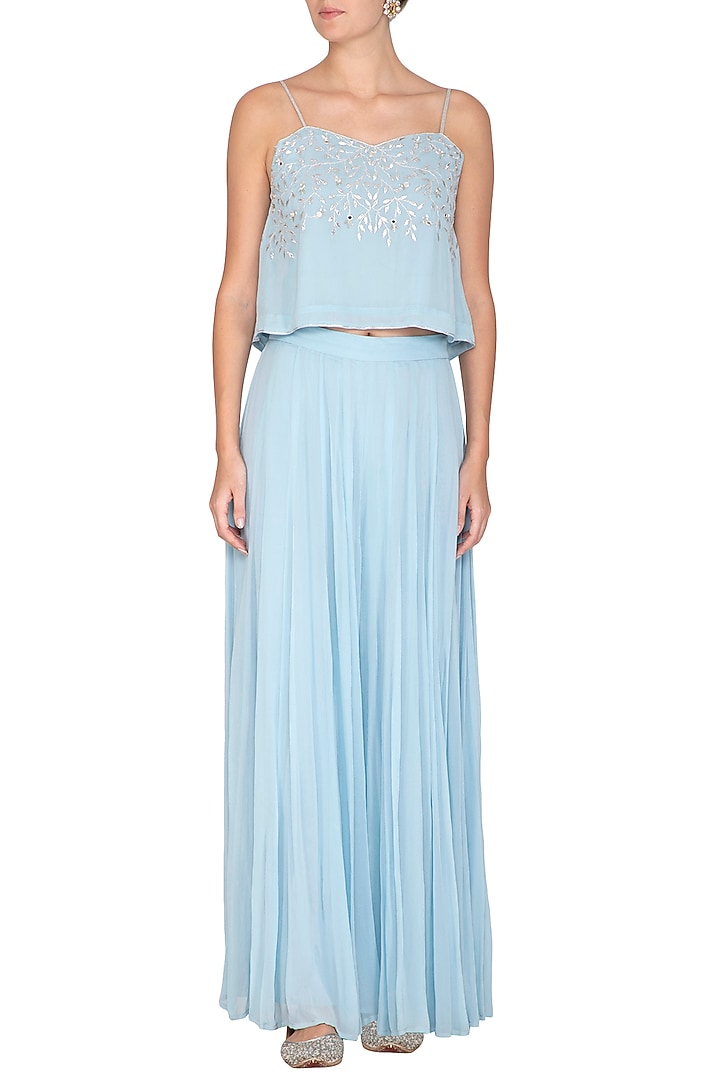Sky Blue Embroidered Crop Top With Palazzo Pants by Esha Koul at Pernia's Pop Up Shop