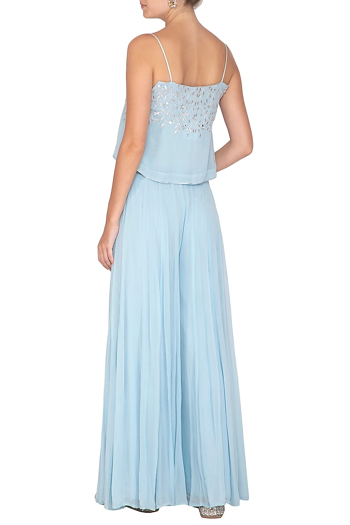 Sky Blue Embroidered Crop Top With Palazzo Pants by Esha Koul at Pernia's Pop Up Shop