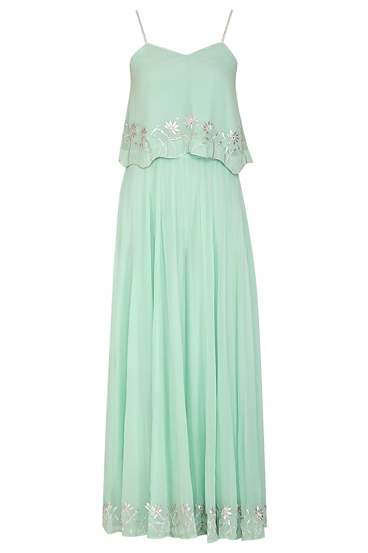 Mint Green Embroidered Crop Top With Palazzo Pants by Esha Koul