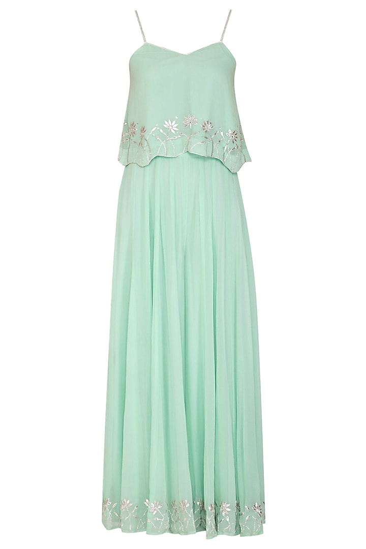 Mint Green Embroidered Crop Top With Palazzo Pants by Esha Koul at Pernia's Pop Up Shop