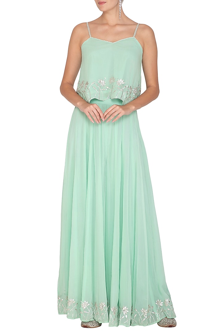 Mint Green Embroidered Crop Top With Palazzo Pants by Esha Koul at Pernia's Pop Up Shop