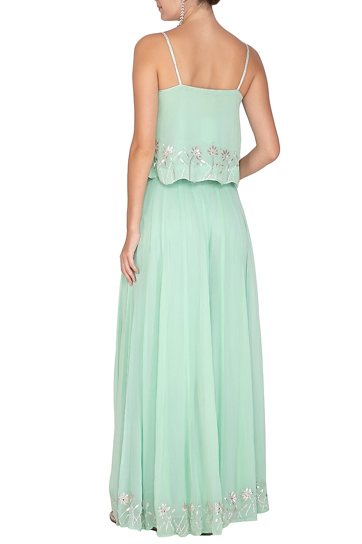 Mint Green Embroidered Crop Top With Palazzo Pants by Esha Koul at Pernia's Pop Up Shop