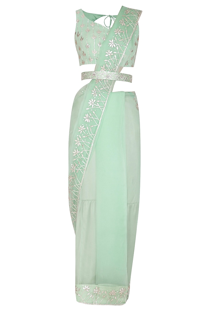 Mint Green Embroidered Pre-Draped Saree Set With Belt by Esha Koul