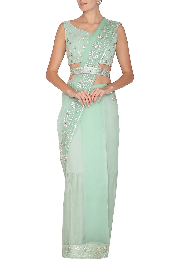 Mint Green Embroidered Pre-Draped Wedding Saree Set With Belt by Esha Koul at Pernia's Pop Up Shop