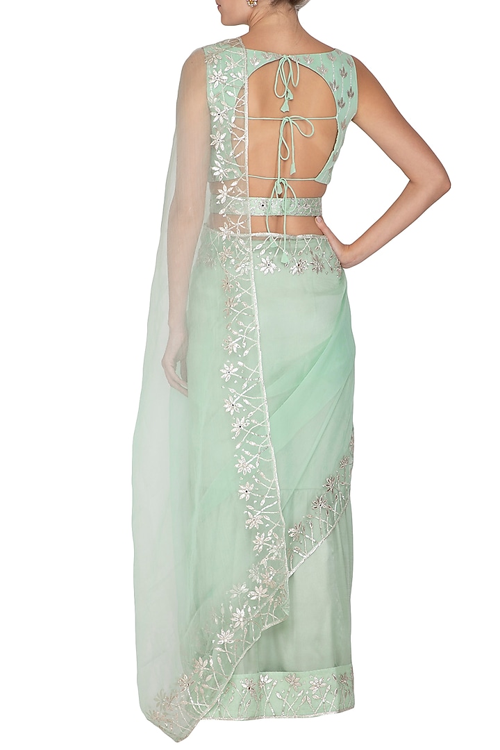 Mint Green Embroidered Pre-Draped Wedding Saree Set With Belt by Esha Koul at Pernia's Pop Up Shop