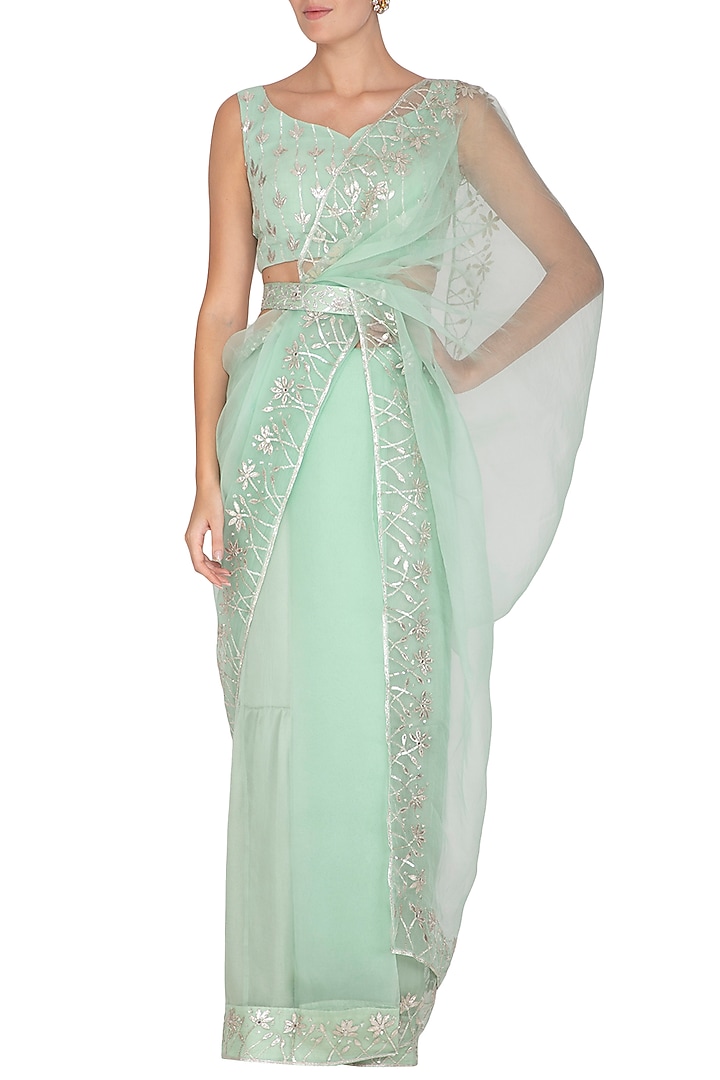 Mint Green Embroidered Pre-Draped Wedding Saree Set With Belt by Esha Koul at Pernia's Pop Up Shop