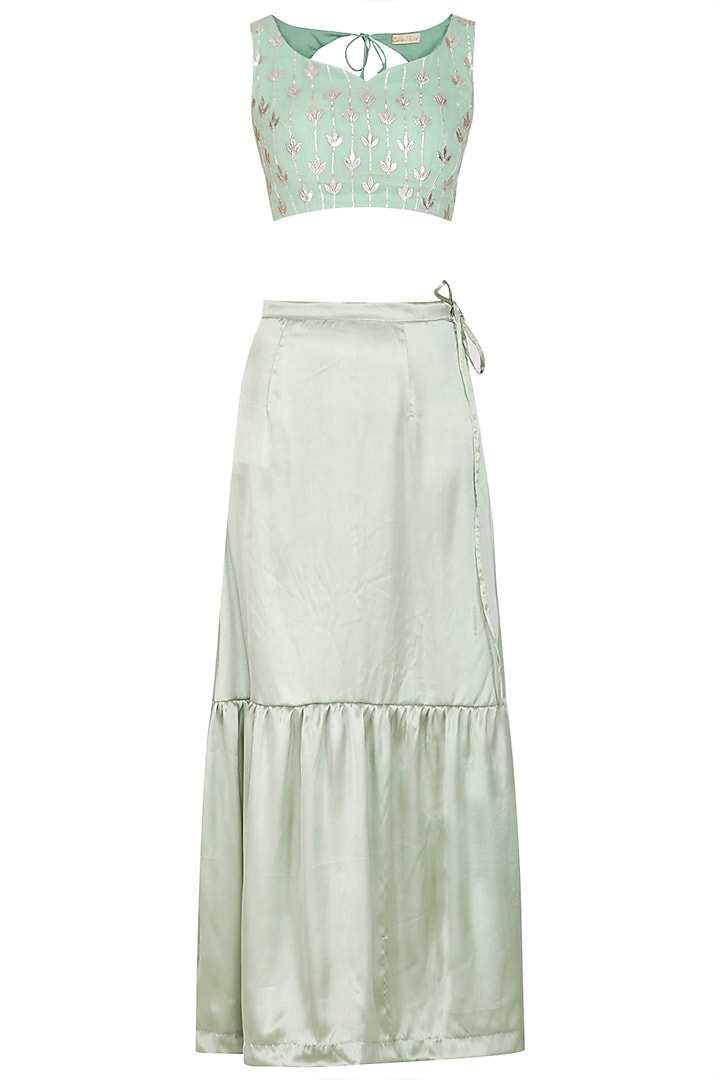 Mint Green Embroidered Pre-Draped Wedding Saree Set With Belt by Esha Koul at Pernia's Pop Up Shop