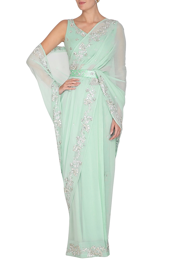 Ice Blue Georgette Gota Embroidered Pre-Draped Wedding Saree Set by Esha Koul at Pernia's Pop Up Shop