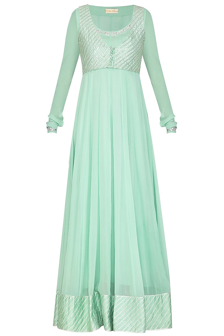 Mint Green Embroidered Jacket Wedding Anarkali With Dupatta by Esha Koul at Pernia's Pop Up Shop