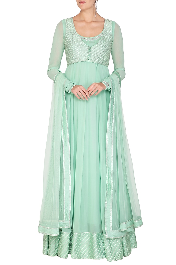 Mint Green Embroidered Jacket Wedding Anarkali With Dupatta by Esha Koul at Pernia's Pop Up Shop