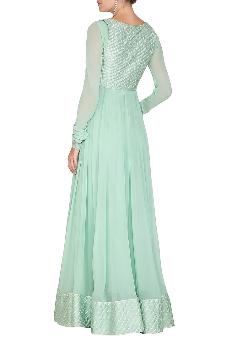 Mint Green Embroidered Jacket Wedding Anarkali With Dupatta by Esha Koul at Pernia's Pop Up Shop