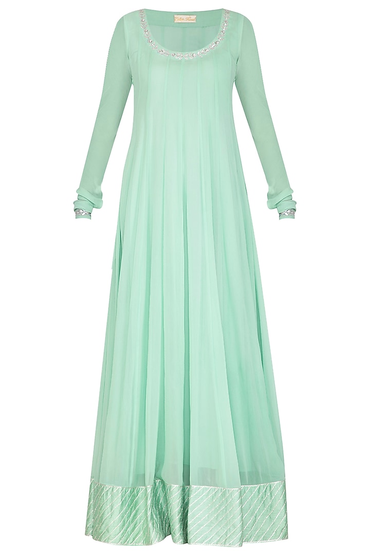 Mint Green Embroidered Jacket Wedding Anarkali With Dupatta by Esha Koul at Pernia's Pop Up Shop