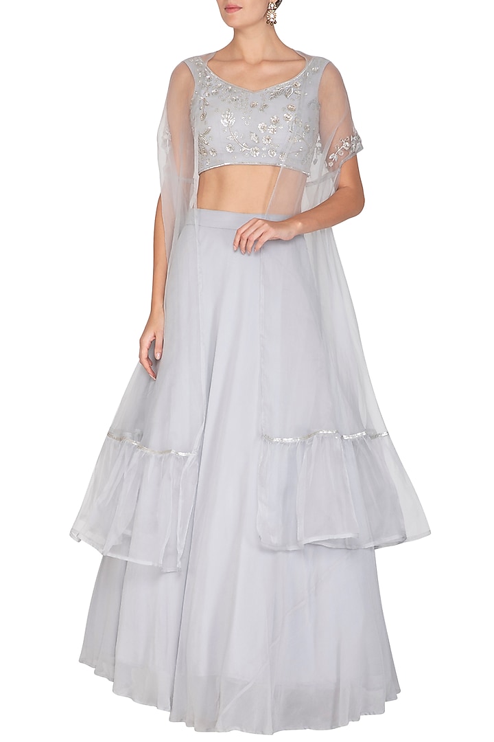 Grey Embroidered Blouse With Wedding Lehenga Skirt & Cape by Esha Koul at Pernia's Pop Up Shop