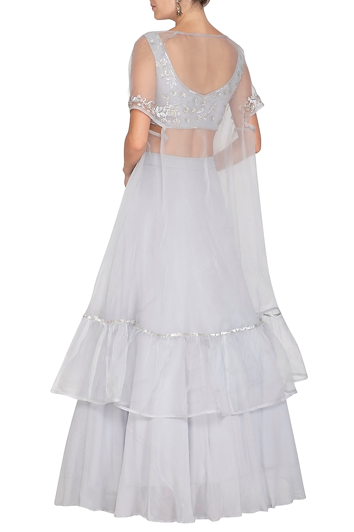 Grey Embroidered Blouse With Wedding Lehenga Skirt & Cape by Esha Koul at Pernia's Pop Up Shop
