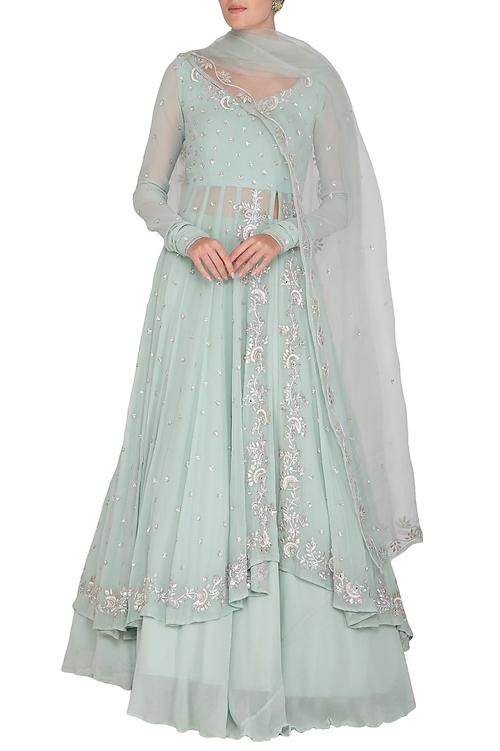 Ice Blue Embroidered Wedding Anarkali Set by Esha Koul at Pernia's Pop Up Shop