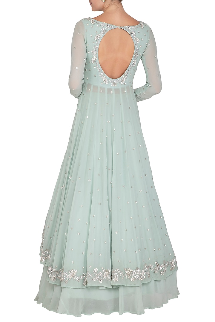 Ice Blue Embroidered Wedding Anarkali Set by Esha Koul at Pernia's Pop Up Shop