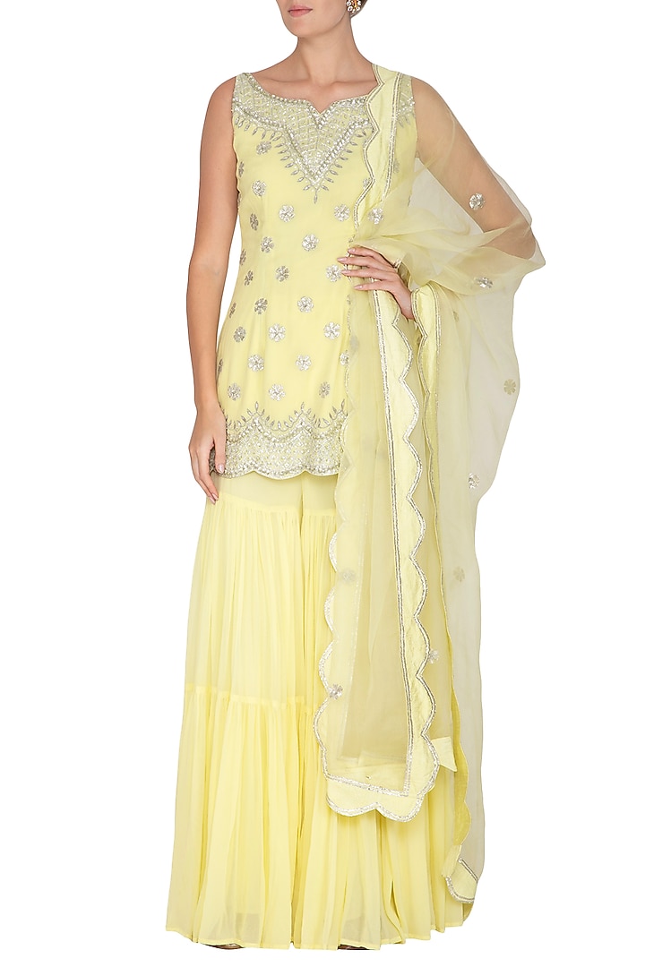 Lemon Yellow Embroidered Wedding Sharara Set by Esha Koul at Pernia's Pop Up Shop
