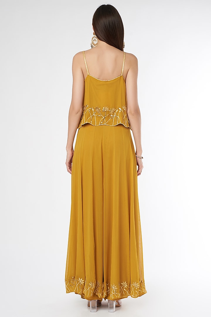 Mustard Georgette Gota Embellished Palazzo Pant Set by Esha Koul at Pernia's Pop Up Shop