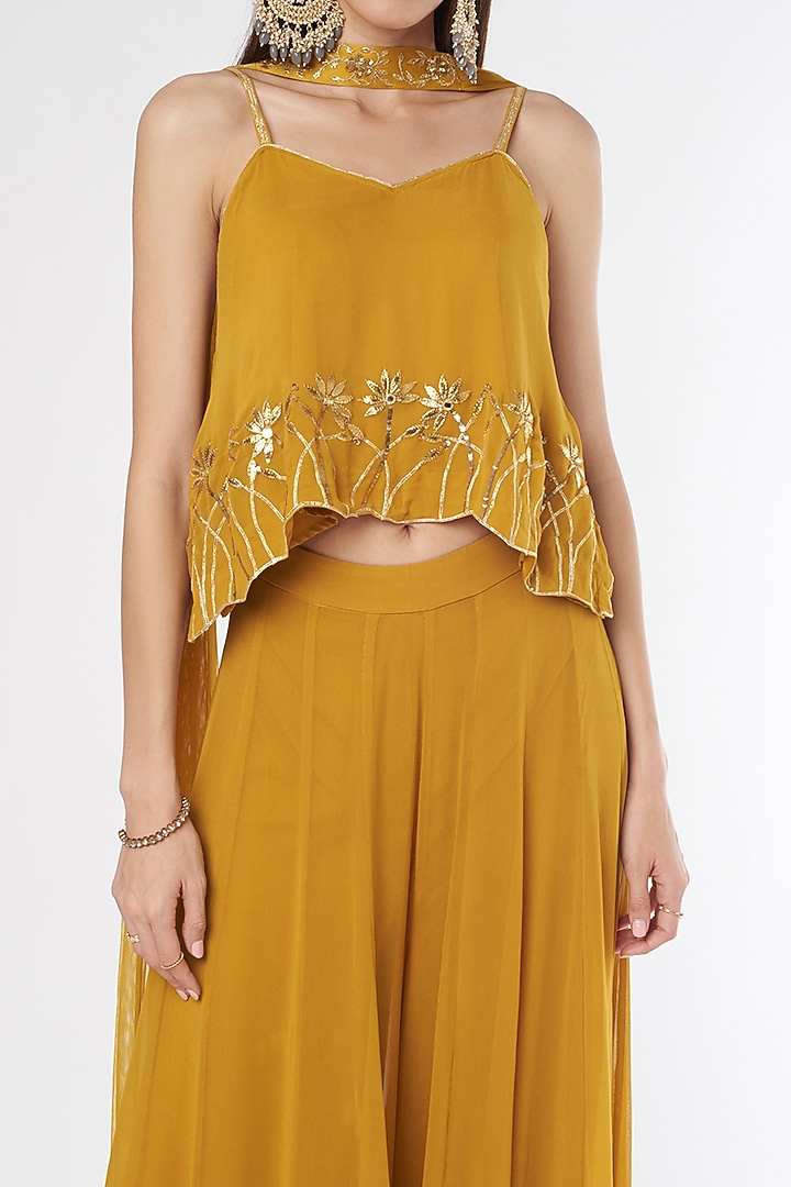 Mustard Georgette Gota Embellished Palazzo Pant Set by Esha Koul at Pernia's Pop Up Shop