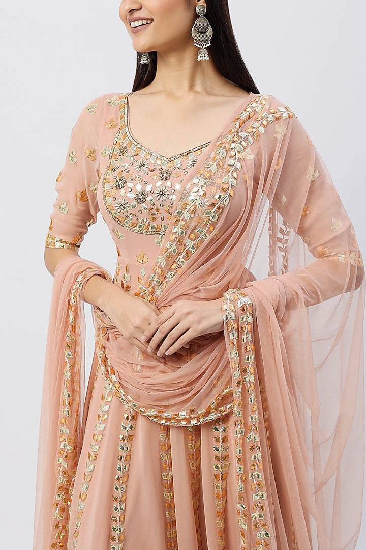Peach Embroidered Wedding Anarkali Set by Esha Koul at Pernia's Pop Up Shop