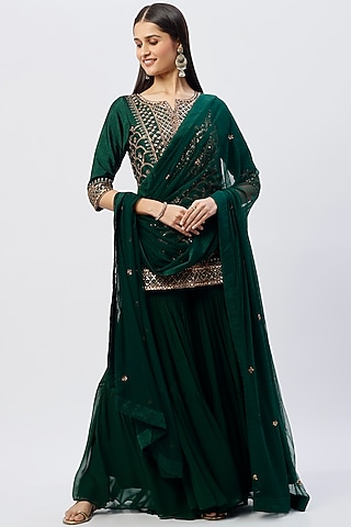 Bottle Green Silk Sharara Set by Esha Koul