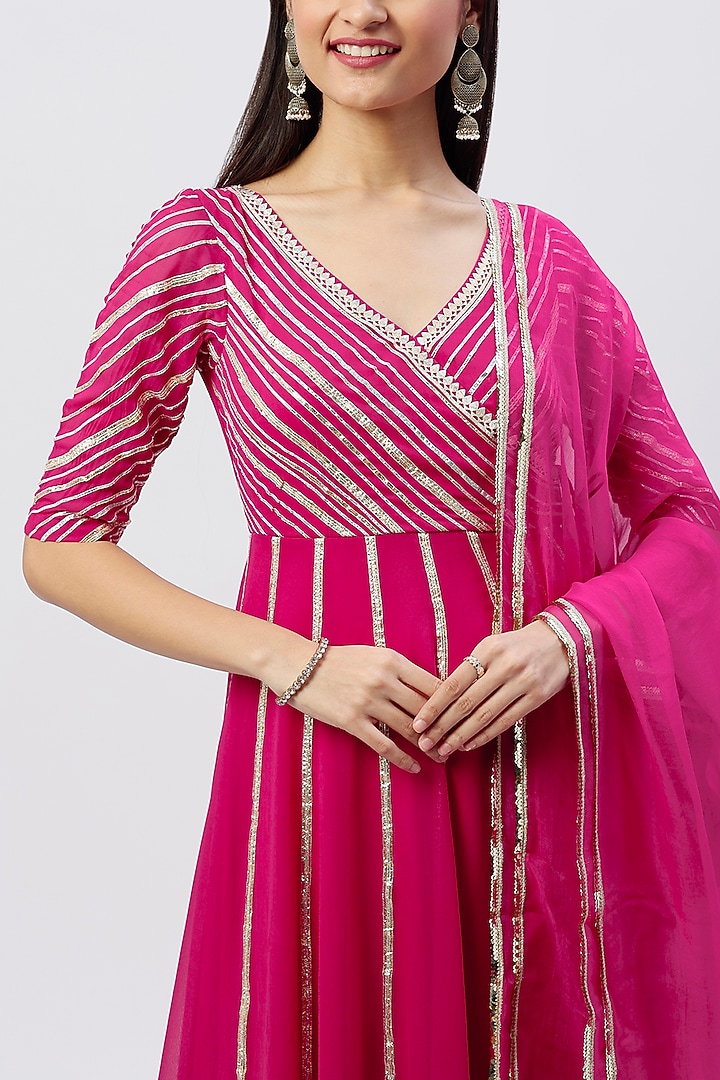 Hot Pink Gota Embroidered Party Wear Anarkali Set by Esha Koul at Pernia's Pop Up Shop
