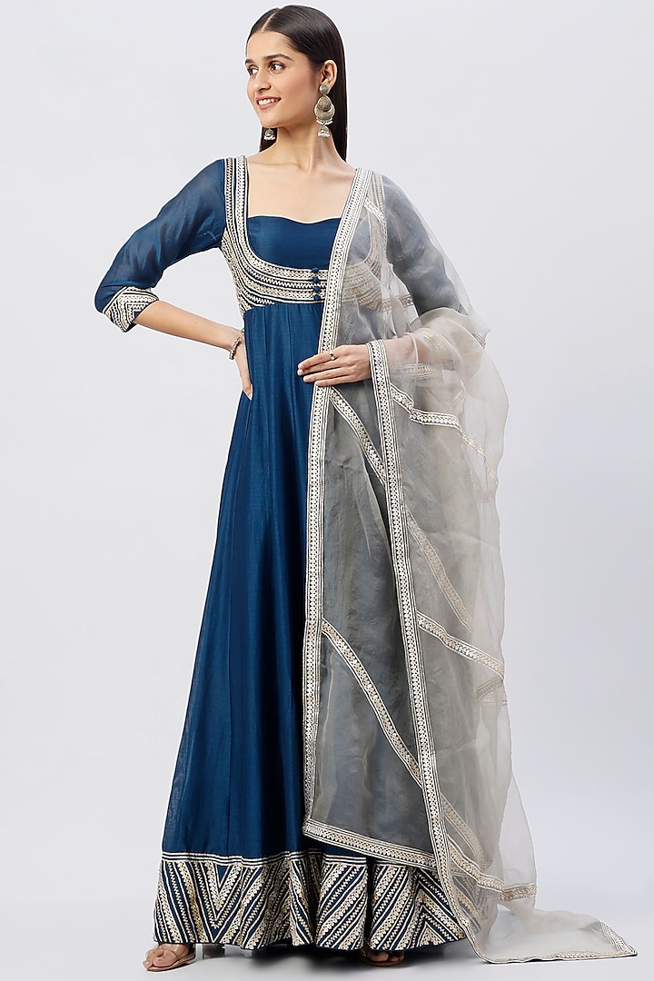 Dark Blue Gota Embroidered Party Wear Anarkali Set by Esha Koul at Pernia's Pop Up Shop
