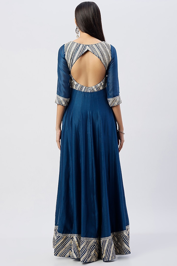 Dark Blue Gota Embroidered Party Wear Anarkali Set by Esha Koul at Pernia's Pop Up Shop