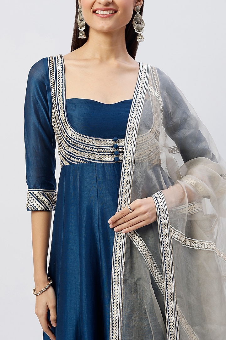 Dark Blue Gota Embroidered Party Wear Anarkali Set by Esha Koul at Pernia's Pop Up Shop