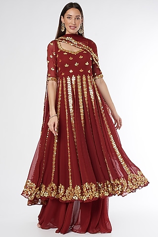 Maroon Embroidered Anarkali Set by Esha Koul