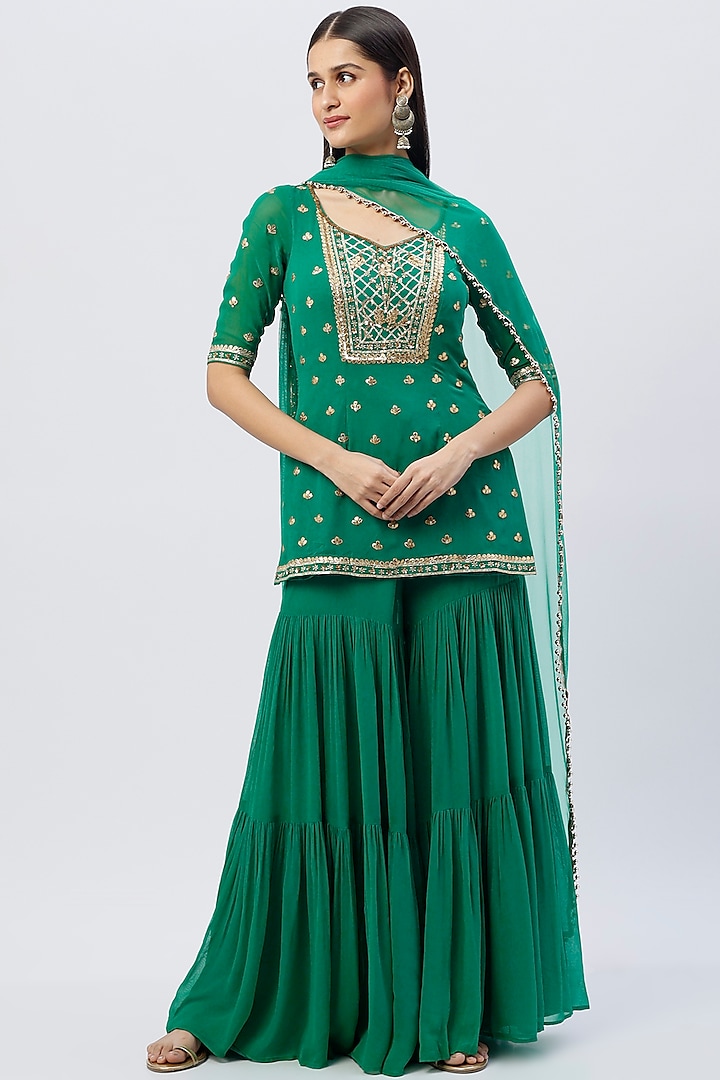 Teal Green Georgette Sharara Set by Esha Koul