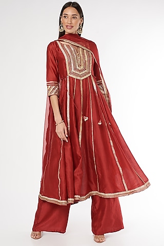 Brick Red Gota Embroidered Anarkali Set by Esha Koul