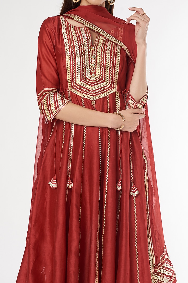 Brick Red Gota Embroidered Party Wear Anarkali Set by Esha Koul at Pernia's Pop Up Shop