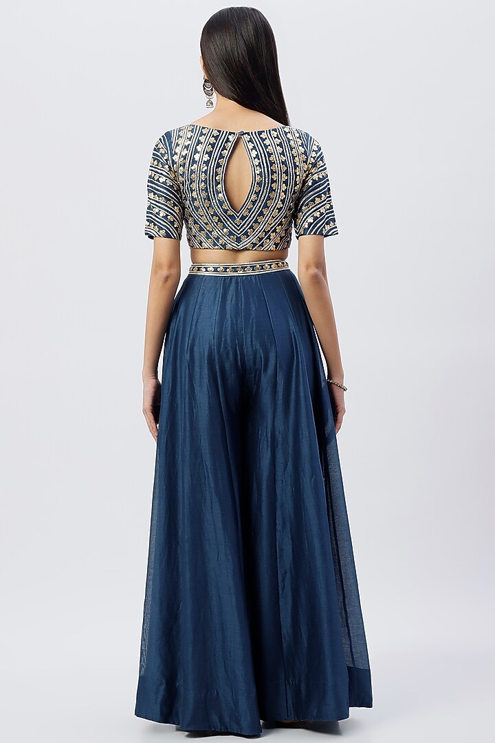 Dark Blue Chanderi Palazzo Pant Set by Esha Koul at Pernia's Pop Up Shop