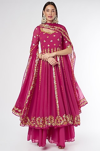 Dark Pink Embroidered Anarkali Set by Esha Koul