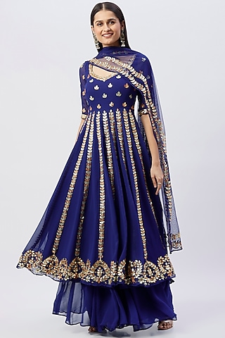 Electric Blue Gota Patti Embroidered Anarkali Set by Esha Koul