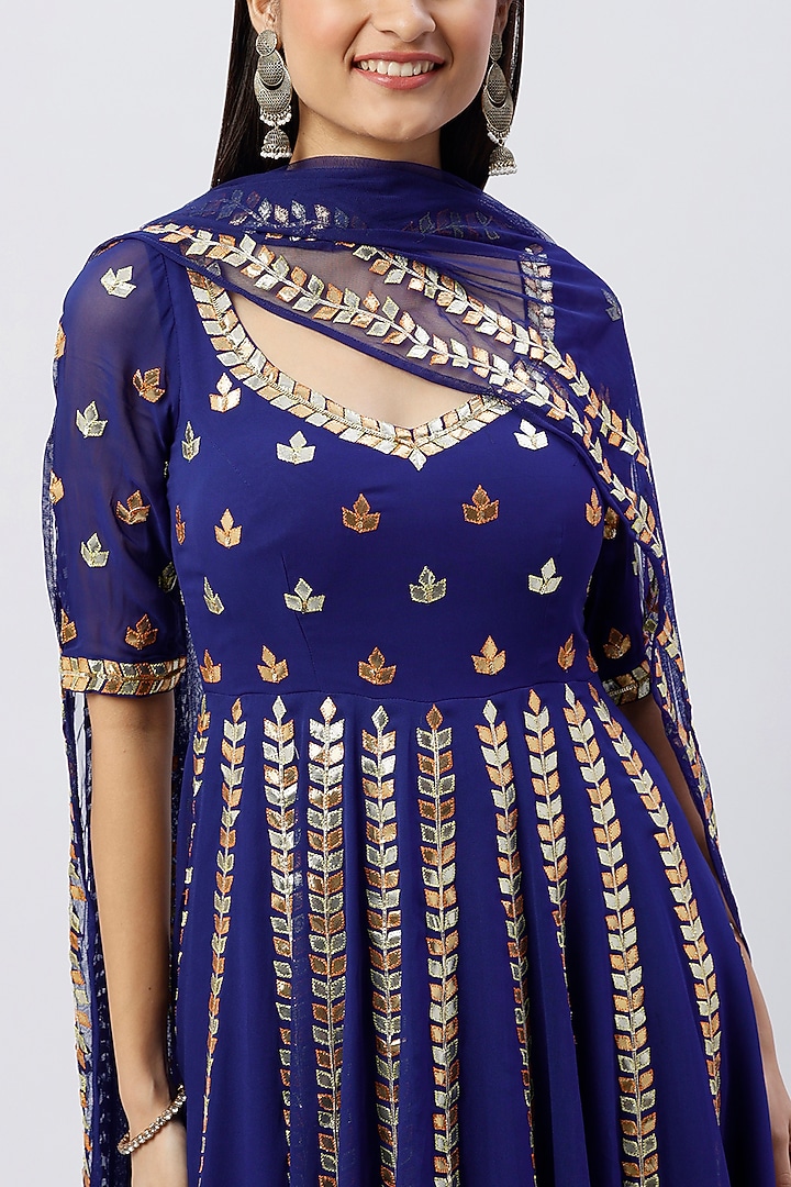 Electric Blue Gota Patti Embroidered Wedding Anarkali Set by Esha Koul at Pernia's Pop Up Shop