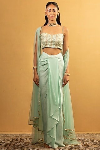 Ice Blue Georgette Pre-Draped Dhoti Set by Esha Koul