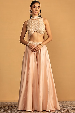 Peach Chanderi Palazzo Pant Set by Esha Koul