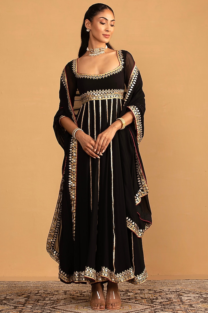 Black Semi Crepe Gota Embellished Anarkali Set by Esha Koul at Pernia's Pop Up Shop