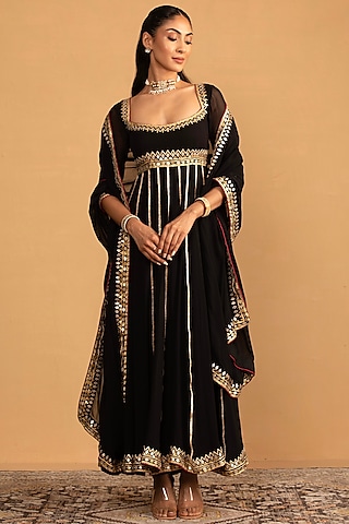 Black Semi Crepe Gota Embellished Anarkali Set by Esha Koul