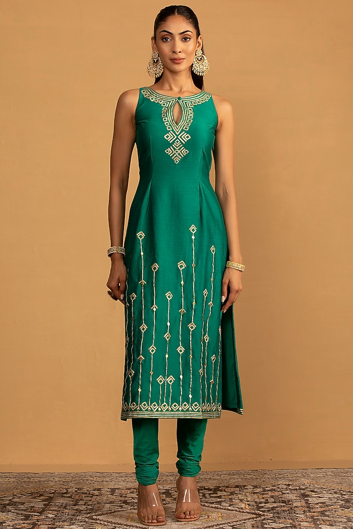 Green Chanderi Gota Work Kurta Set by Esha Koul at Pernia's Pop Up Shop